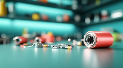 Battery replacement maintenance concept. A close-up of a red cylindrical object and small metal components on a workbench, with blurred colorful tools in the background.