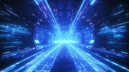 Abstract futuristic background with blue glowing light speed lines and geometric shapes, vector illustration design element for a technology concept. illustration on a black color background