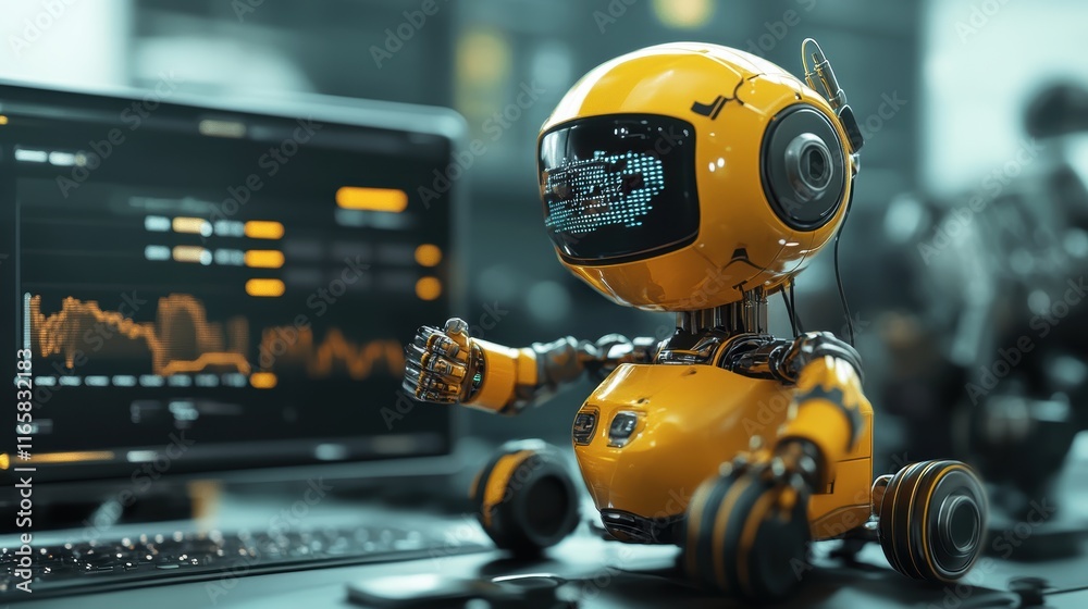 Poster a cute yellow robot sits in front of a computer screen displaying data, showcasing a blend of advanc