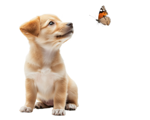 Cute puppy gazing at a butterfly, isolated on white background.