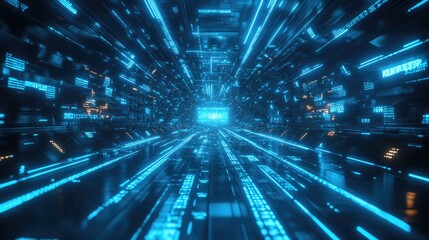 Obraz premium Abstract futuristic background with blue glowing light speed lines and geometric shapes, vector illustration design element for a technology concept. illustration on a black color background