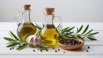 White table with olive oil and garlic display