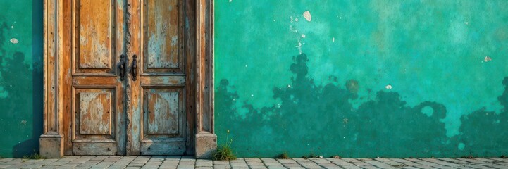 Textured wooden door with Teal and turquoise green background, decorative door, wood texture, nature-inspired