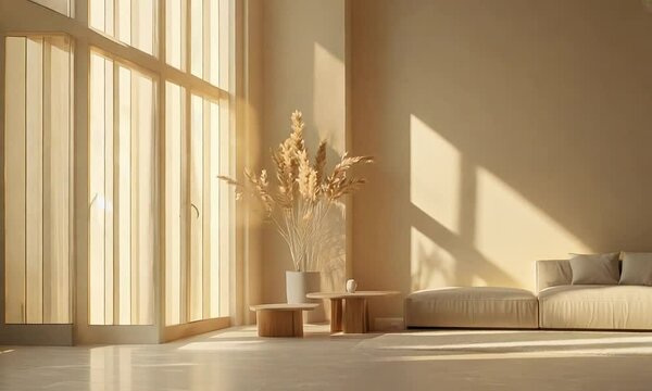 richly designed luxury living room with warm brown and beige tones, featuring light gray lounge furniture and an empty microcement background for art, creating a mockup room suitable