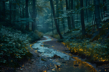 Fototapeta premium Enchanted Forest Stream in Twilight With Glowing Lights