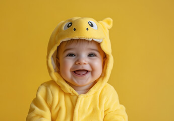 A joyful baby shows off a big smile while wearing an adorable yellow dinosaur costume. The cheerful outfit and lively backdrop create a fun and playful atmosphere.
