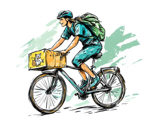 Obraz premium Cyclist delivering packages with backpack and safety gear, colorful illustration.