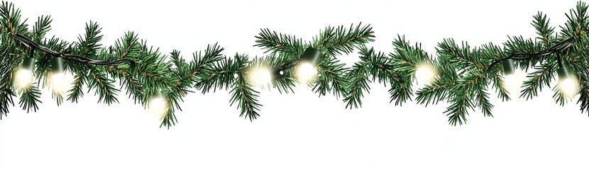 Festive Christmas Tree Branches with Garland Lights on White Background