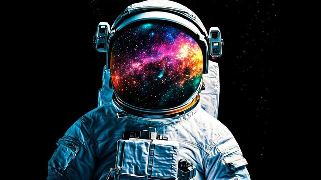 Astronaut with a cosmic galaxy reflection in helmet exploring the universe