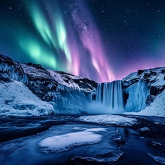 Majestic northern lights illuminate Seljalandsfoss waterfall in Iceland during winter night sky