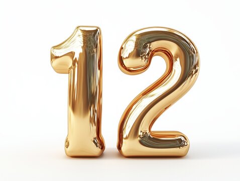 Golden Number Twelve:  Shiny Balloon Numerals on White Background