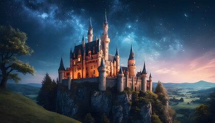 Fototapeta premium Enchanted Castle on a Clifftop under a Starlit Sky