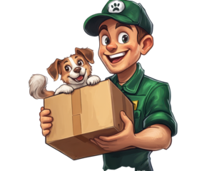 Delivery person smiling with a dog and a cardboard box, white isolate background