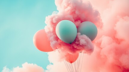 Colorful Balloons Surrounded by Soft Pink and Blue Clouds in Sky