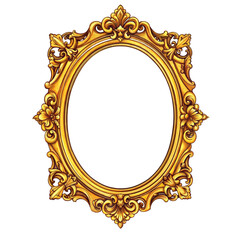 Empty gold ornate picture frame on transparent background