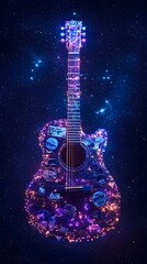 A guitar made of stickers, with purple light and shadow effects, a starry background