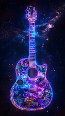 A guitar made of stickers, with purple light and shadow effects, a starry background