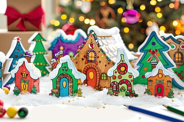 Obraz premium Festive Christmas coloring page with Santa, gifts, and holiday decorations.