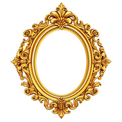 Empty gold ornate picture frame on transparent background