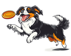 Fototapeta premium Dog chasing frisbee, white isolate background