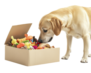 Dog exploring a box filled with colorful toys, isolated on a white background.