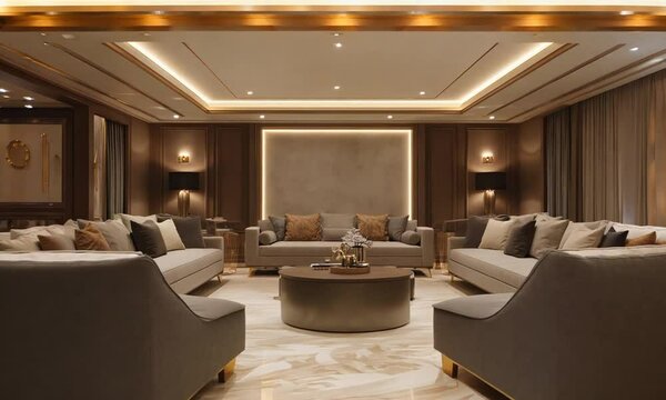 richly designed luxury living room with warm brown and beige tones, featuring light gray lounge furniture and an empty microcement background for art, creating a mockup room suitable
