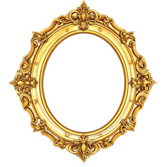 Empty gold ornate picture frame on transparent background