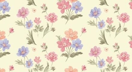 Fototapeta premium A seamless pattern featuring pastel-colored flowers and leaves. Watercolor Floral Background with Multicolored Fresh Bloosoms. Design Element for Greeting Cards, Banners, Leaflets and Flyers.