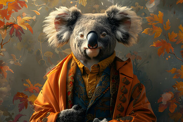 Obraz premium Koala Dressed in Colorful Attire Surrounded by Autumn Foliage