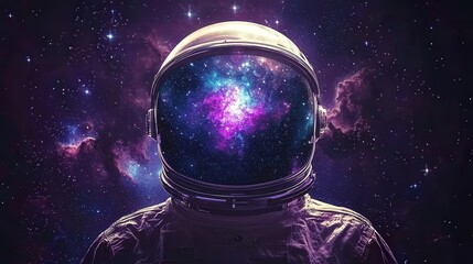 Astronaut With Helmet Reflecting A Colorful Nebula Amidst A Starry Galaxy, Blending Cosmic Wonder And Futuristic Exploration. Perfect For Science Fiction And Space Art Themes.