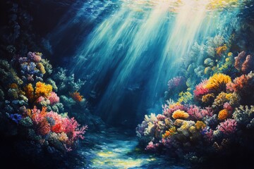Naklejka premium Vibrant coral reef thriving under sunlight beams in clear blue ocean water