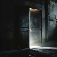 Mysterious Open Door in a Dimly Lit Industrial Space with a Glimmer of Light