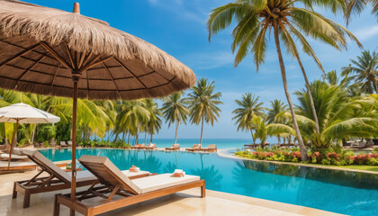luxurious umbrella and chair arrangement around sparkling outdoor swimming pool of resort, with majestic coconut palm trees standing