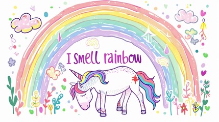 Vibrant Hand Drawn Vector Illustration of a Bad Unicorn Smelling Rainbow