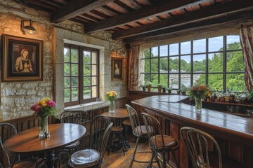 Fototapeta premium Inviting interior of a country-style bistro with fresh flowers on tables and a wooden bar, bathed in natural light