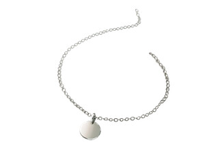 Elegant silver necklace with a round pendant on a white isolated background.