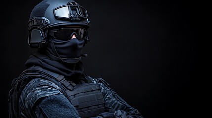 Soldier in tactical gear stands against a dark background