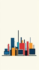 Obraz premium Colorful Abstract Cityscape with Laptops and Tall Buildings in Flat Design Style