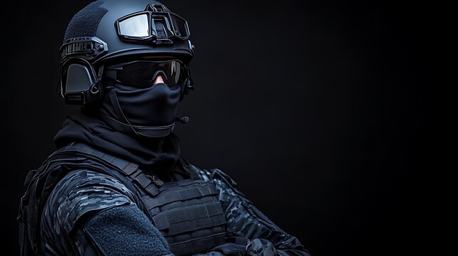 Soldier in tactical gear stands against a dark background
