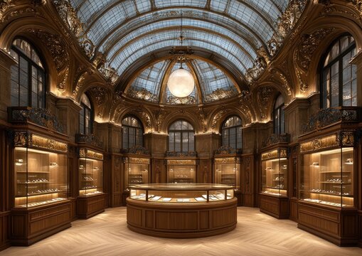 This museum room has ornate wooden cabinets with metal accents, bathed in soft lighting for a refined ambiance - Powered by Adobe