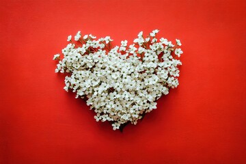 Fototapeta premium Delicate white flowers arranged in a heart shape on a vibrant red background.