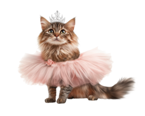 Fluffy cat wearing a pink tutu and crown, posing cutely, white isolate background.