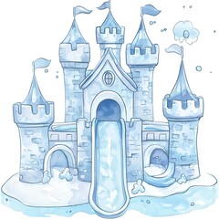 Watercolor Illustration of a Blue Castle Playground with a Slide.