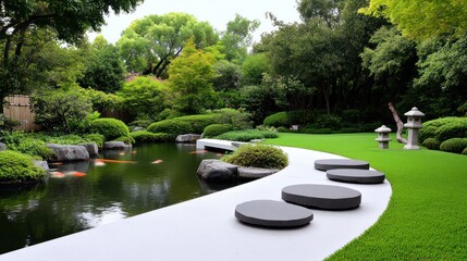 Fototapeta premium Tranquil garden with pond, stepping stones, and lush greenery.