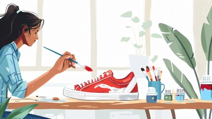Creative Woman Painting Artwork on Sneaker at Wooden Table Indoors Close Up