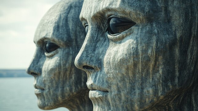 Two stone faces with eyes staring at the camera