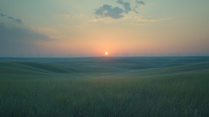 Obraz premium A serene sunset over rolling hills with wind turbines in the distance.