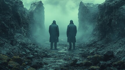 Two men standing in a foggy, rocky landscape