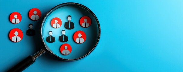 The image shows a magnifying glass over circular icons representing people, symbolizing research or analysis in a vibrant blue background.
