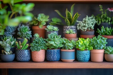 Succulent plant display on wooden shelves in a modern indoor garden setting